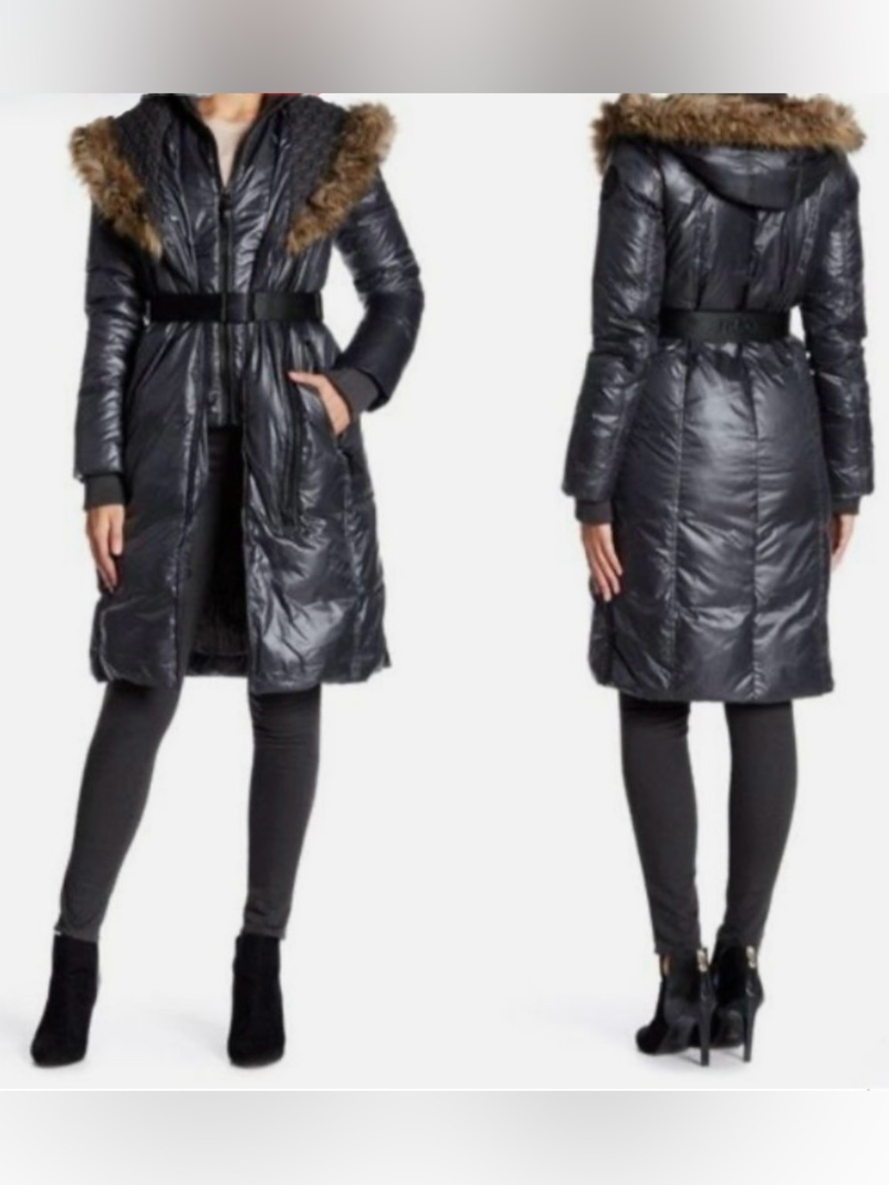 NWT RUD by RUDSAK Jasmine Belted Down Puffer Coat with Fur Hood Trim Navy Medium